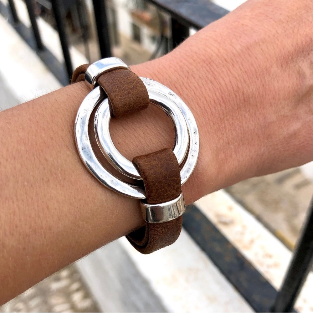 handmade silver and brown leather bracelet